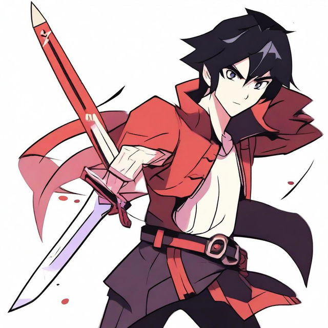 A male character with black hair and a white streak, fair skin, holding a Claymore sword with both hands