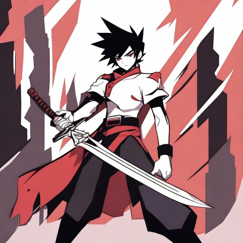 A male character with black hair and a white streak, white skin, holding a Claymore sword with both hands, in the animation style of Hazbin Hotel