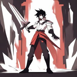 A male character with black hair and a white streak, white skin, holding a Claymore sword with both hands, in the animation style of Hazbin Hotel