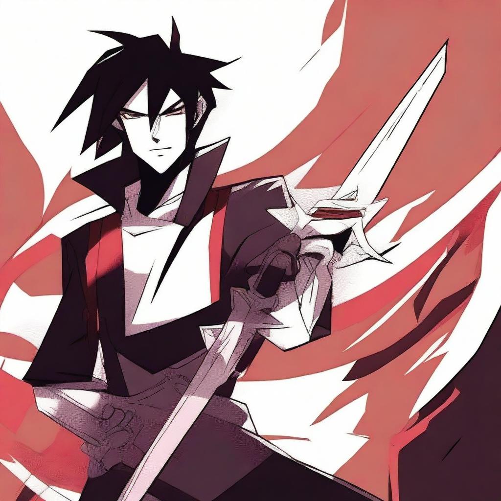 A male character with black hair and a white streak, white skin, holding a Claymore sword with both hands, in the animation style of Hazbin Hotel