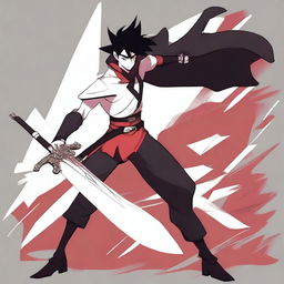 A male character with black hair and a white streak, white skin, holding a Claymore sword with both hands, in the animation style of Hazbin Hotel