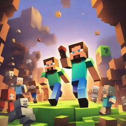 A Minecraft thumbnail featuring two characters in the foreground with a chaotic background