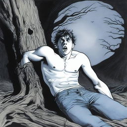 A highly realistic depiction of a screaming young man lying horizontally on his back, with his wrists tied up with vines to the top surface of a giant tree stump
