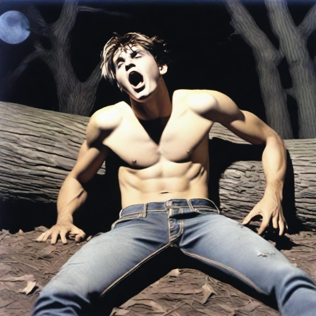 A photorealistic depiction of a screaming young man lying flat horizontally on his back, with his wrists tied up with vines to the top surface of a giant tree stump