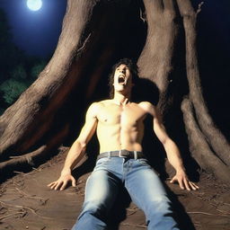 A photorealistic depiction of a screaming young man lying flat horizontally on his back, with his wrists tied up with vines to the top surface of a giant tree stump