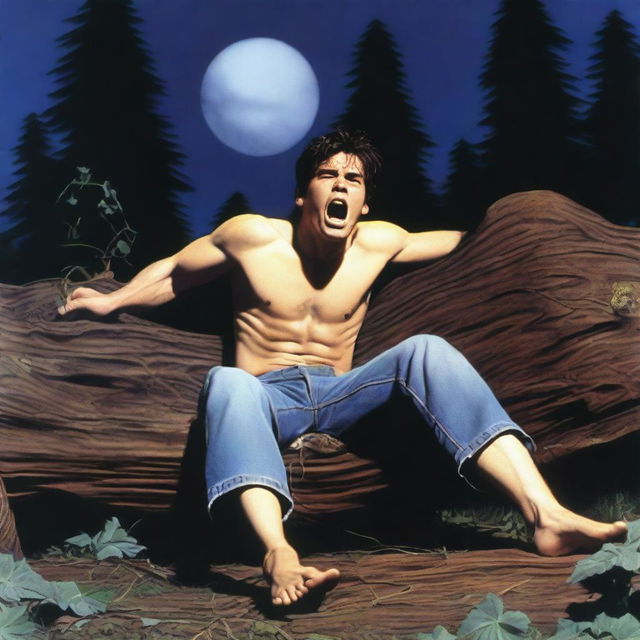 A photorealistic depiction of a screaming young man lying flat horizontally on his back, with his wrists tied up with vines to the top surface of a giant tree stump