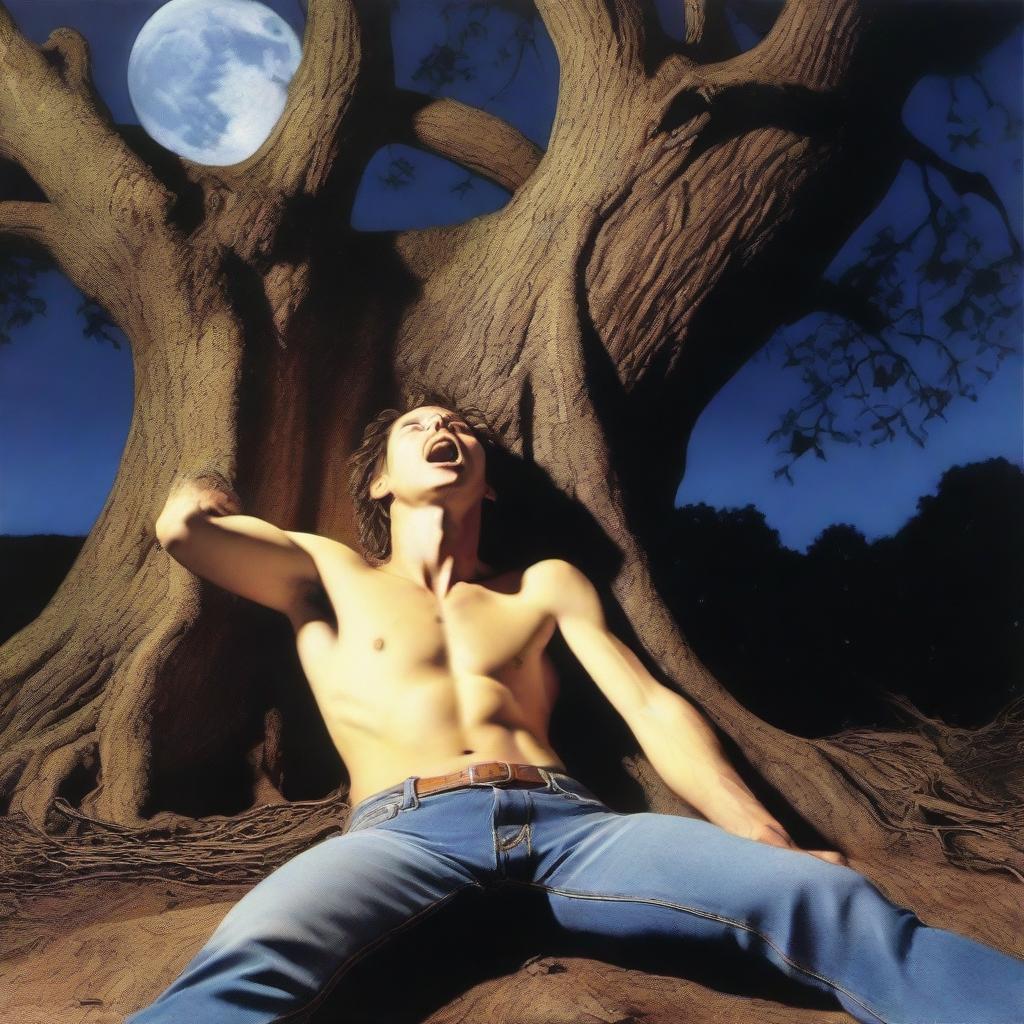 A photorealistic depiction of a screaming young man lying flat horizontally on his back, with his wrists tied up with vines to the top of a giant tree stump