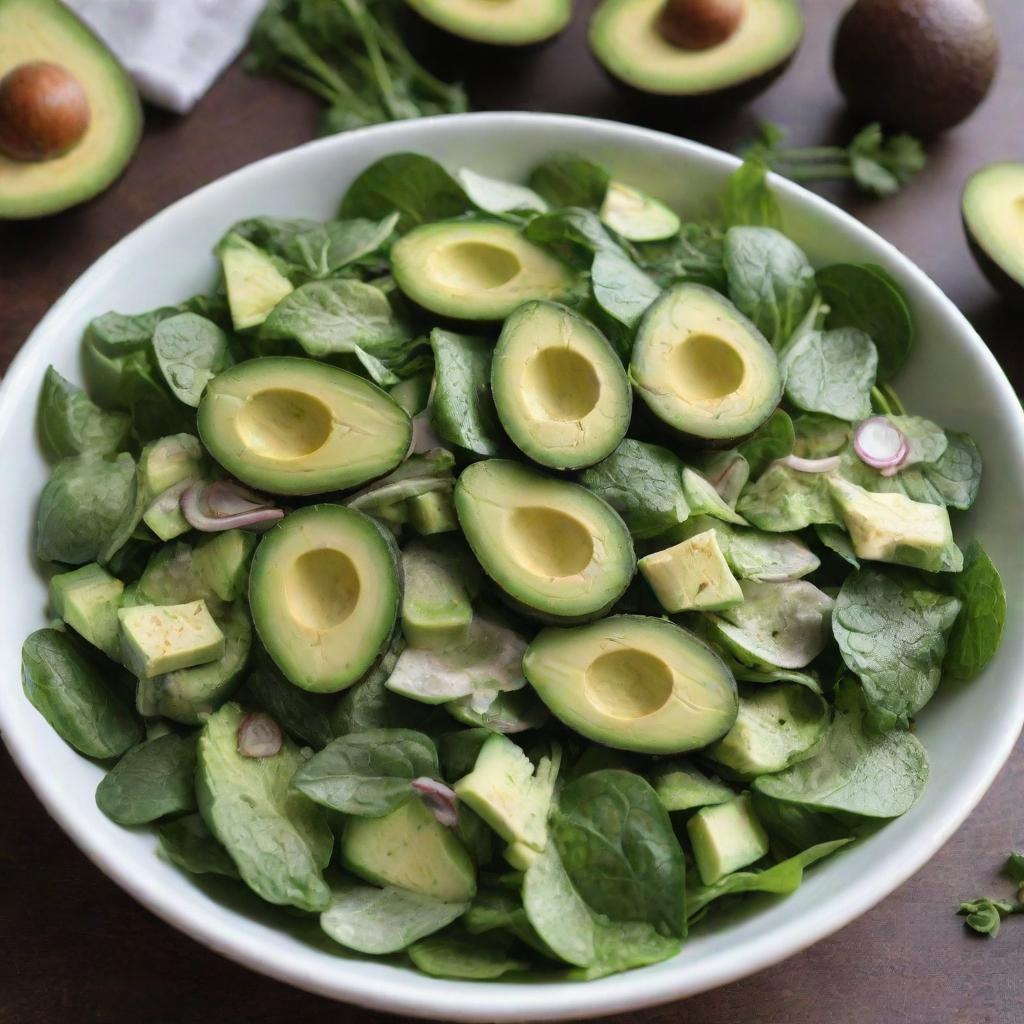 Fresh green salad made from a variety of leafy greens, cucumbers, and avocados served with a tangy, homemade vinaigrette.