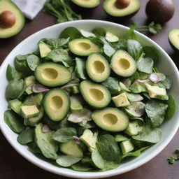 Fresh green salad made from a variety of leafy greens, cucumbers, and avocados served with a tangy, homemade vinaigrette.