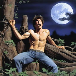 A photorealistic depiction of a screaming young man lying flat horizontally on his back, with his wrists tied up with vines to the top of a giant tree stump