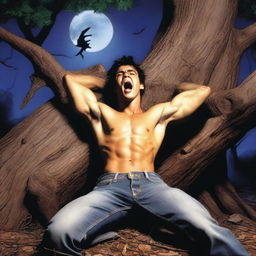 A photorealistic depiction of a screaming, attractive young man lying flat horizontally on his back, with his wrists tied up with vines to the top of a giant tree stump