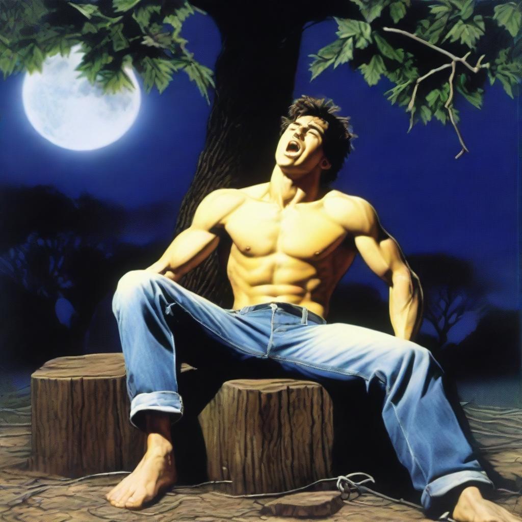 A photorealistic depiction of a screaming, attractive young man lying flat horizontally on his back, with his wrists tied up with vines to the top of a giant tree stump