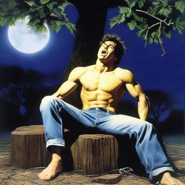 A photorealistic depiction of a screaming, attractive young man lying flat horizontally on his back, with his wrists tied up with vines to the top of a giant tree stump