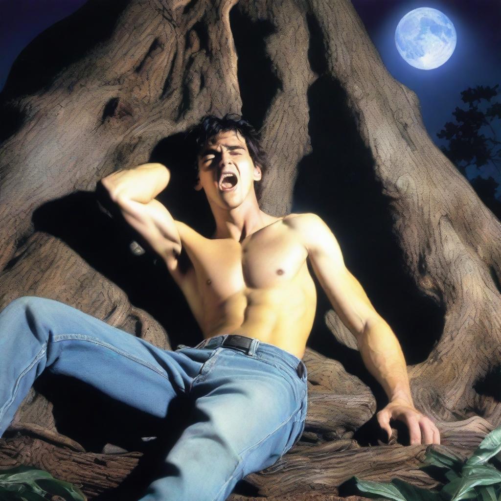 A photorealistic depiction of a screaming, attractive young man lying flat on his back, with his wrists tied with vines to the top of a giant tree stump