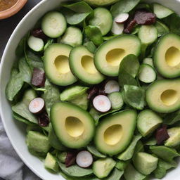 Fresh green salad made from a variety of leafy greens, cucumbers, and avocados served with a tangy, homemade vinaigrette.