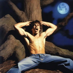 A photorealistic depiction of a screaming, attractive young man lying flat on his back, with his wrists tied with vines to the top of a giant tree stump