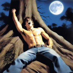 A photorealistic depiction of a screaming, attractive young man lying flat on his back, with his wrists tied with vines to the top of a giant tree stump