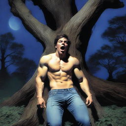 A photorealistic depiction of a screaming, attractive young man lying flat on his back, with his wrists tied with vines to the top of a giant tree stump