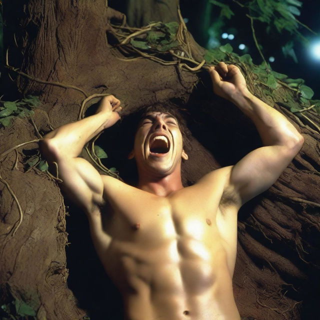 A photorealistic depiction of a screaming, attractive young man lying flat on his back, with his wrists tied with vines to the top of a giant tree stump