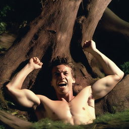 A photorealistic depiction of a screaming, attractive young man lying flat on his back, with his wrists tied with vines to the top of a giant tree stump