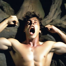 A photorealistic depiction of a screaming, attractive young man lying flat on his back, with his wrists tied with vines to the top of a giant tree stump