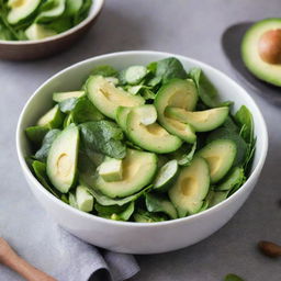 Fresh green salad made from a variety of leafy greens, cucumbers, and avocados served with a tangy, homemade vinaigrette.