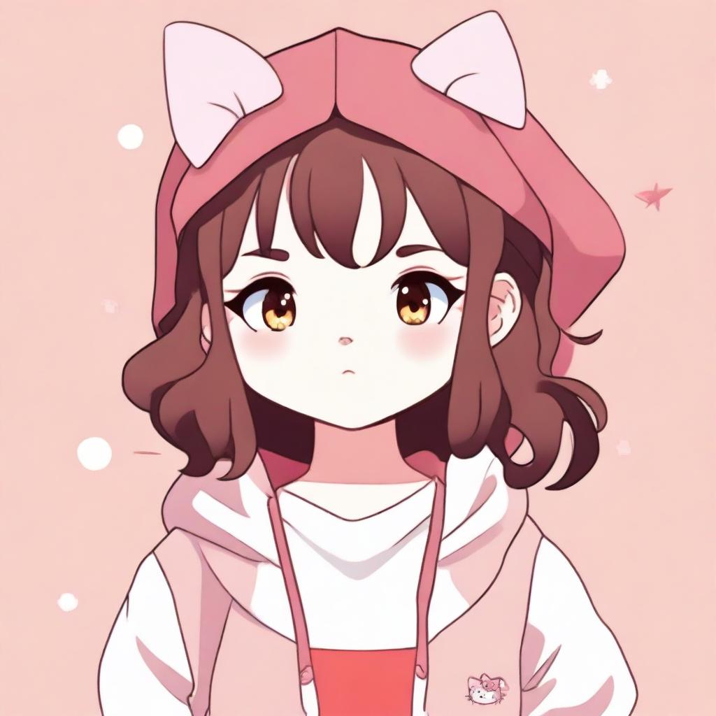 A character with brown wavy hair, hazel eyes, and a red bow, wearing a hoodie and a septum nose ring