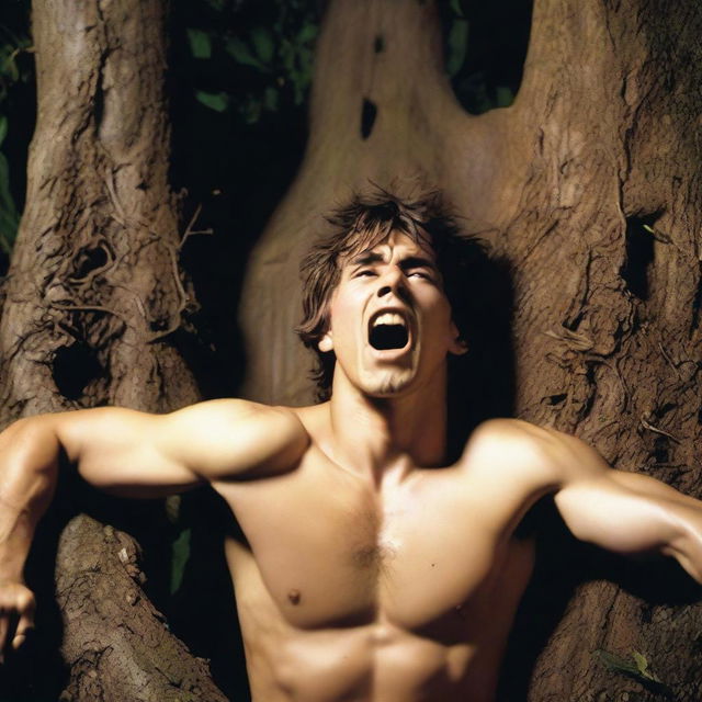 A photorealistic depiction of a screaming, attractive young man lying flat on his back, with his wrists and chest tied with vines to the top of a giant tree stump