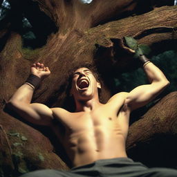 A photorealistic depiction of a screaming, attractive young man lying flat on his back, with his wrists and chest tied with vines to the top of a giant tree stump