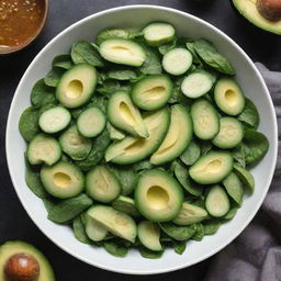 Fresh green salad made from a variety of leafy greens, cucumbers, and avocados served with a tangy, homemade vinaigrette.