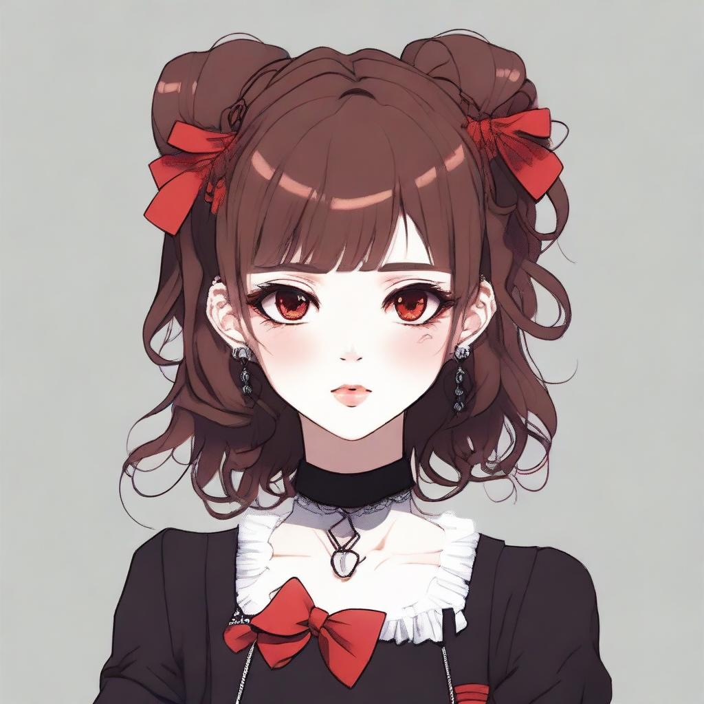 A character with brown wavy hair, hazel eyes, and a red bow, wearing black clothes and fishnets, along with a septum nose ring