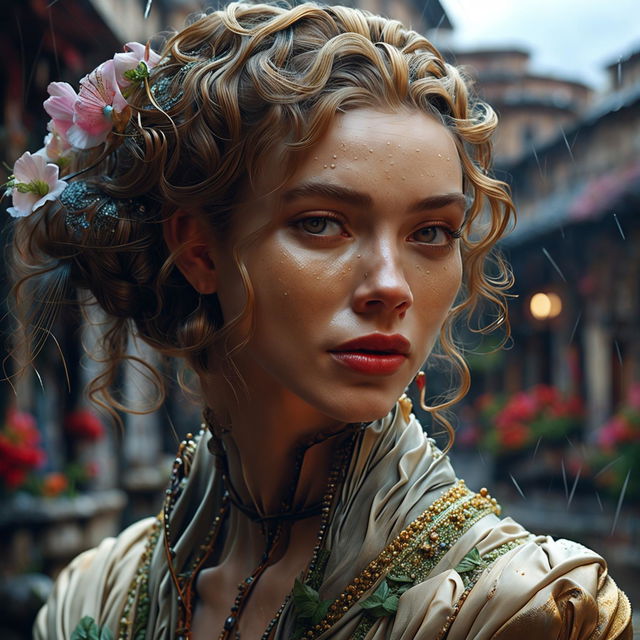 Intense close-up of a different woman's intricately detailed face in a hyper-realistic 3D photograph. She's in a rococo gown in a vibrant, mystical Russian town on a rainy day.