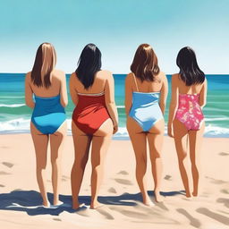 A group of women in swimsuits standing with their backs turned, enjoying a sunny day at the beach