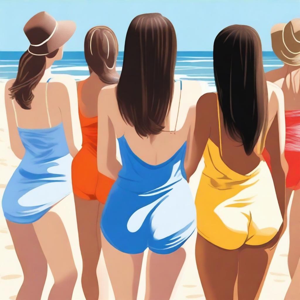 A group of women in swimsuits standing with their backs turned, enjoying a sunny day at the beach