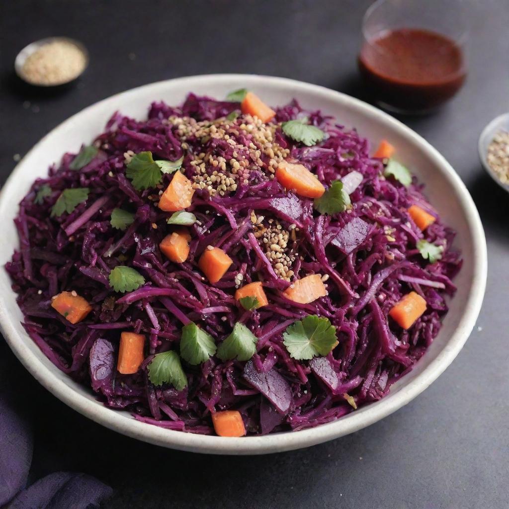 Exotic purple salad made from components like red cabbage, purple carrots, and beetroot, garnished with a sprinkle of sesame seeds.
