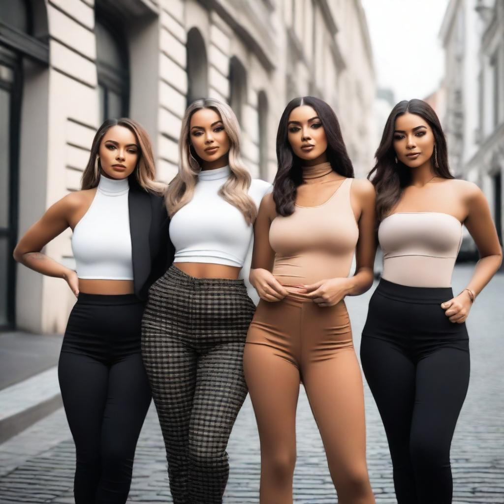 A group of women wearing tight-fitting clothes, posing confidently in a stylish and fashionable manner