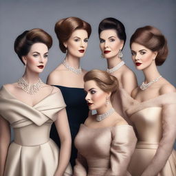 A group of women with prominent busts, dressed in elegant and fashionable attire