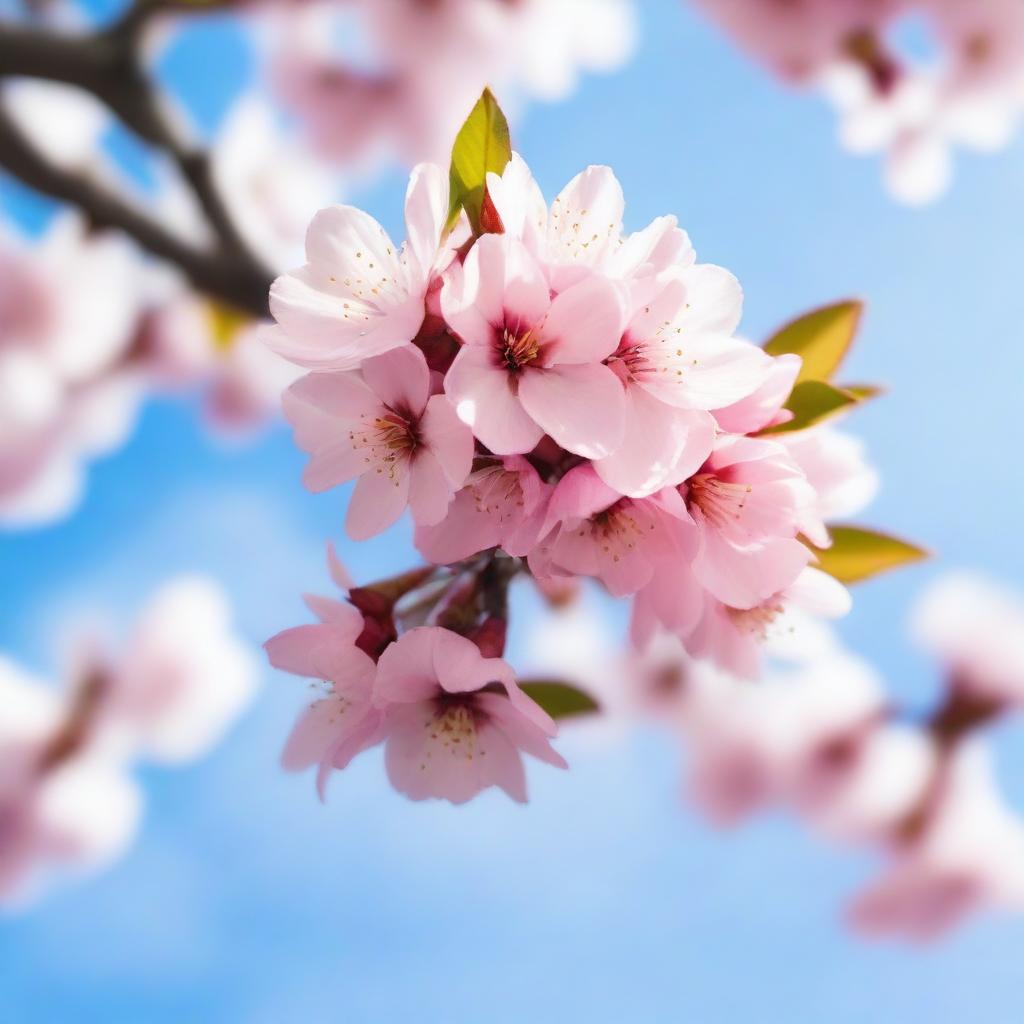 A beautiful cherry blossom tree with delicate pink petals blowing gently in the wind