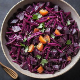 Exotic purple salad made from components like red cabbage, purple carrots, and beetroot, garnished with a sprinkle of sesame seeds.