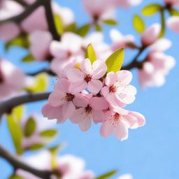 A beautiful cherry blossom tree with delicate pink petals blowing gently in the wind