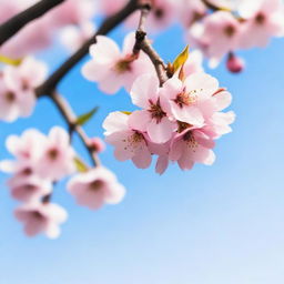 A beautiful cherry blossom tree with delicate pink petals blowing gently in the wind