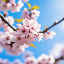 A beautiful cherry blossom tree with delicate pink petals blowing gently in the wind