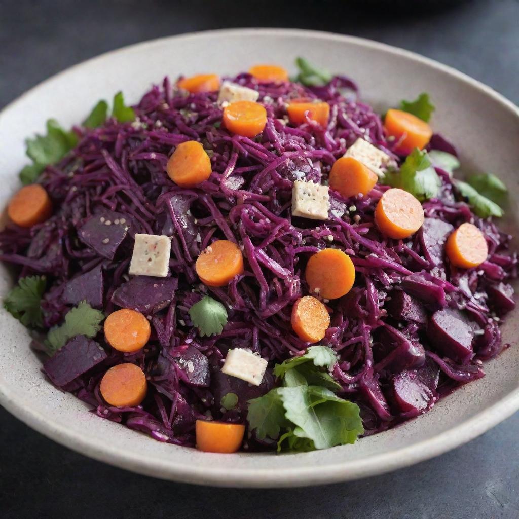 Exotic purple salad made from components like red cabbage, purple carrots, and beetroot, garnished with a sprinkle of sesame seeds.