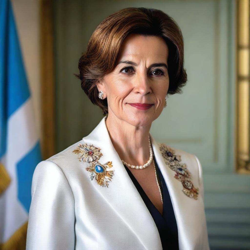 A detailed portrait of Victoria Villaruel, the Vice President of Argentina, dressed in formal attire