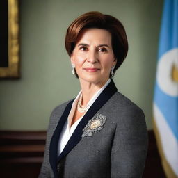 A detailed portrait of Victoria Villaruel, the Vice President of Argentina, dressed in formal attire