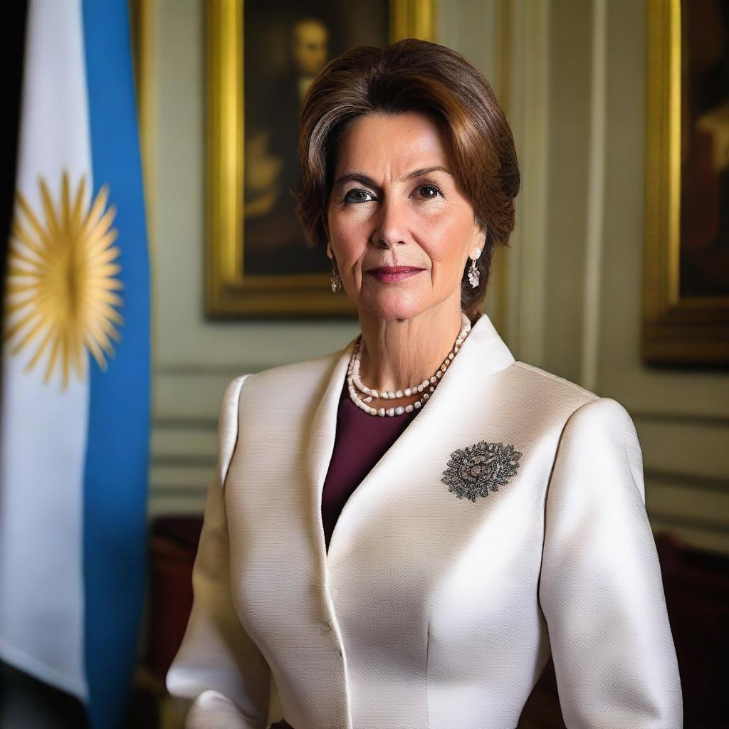 A detailed portrait of Victoria Villaruel, the Vice President of Argentina, dressed in formal attire