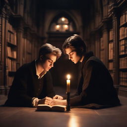 Two attractive young men in an old gothic library, sitting on the floor huddled close to each other