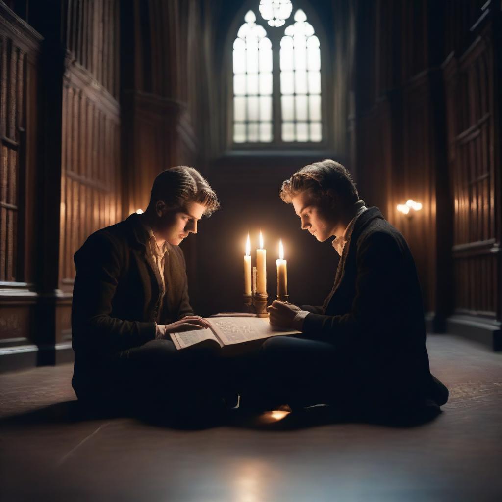 Two attractive young men in an old gothic library, sitting on the floor huddled close to each other