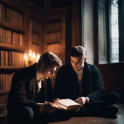 Two attractive young men in an old gothic library, sitting on the floor huddled close to each other