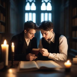 Two attractive young men in an old gothic library, sitting on the floor huddled close to each other